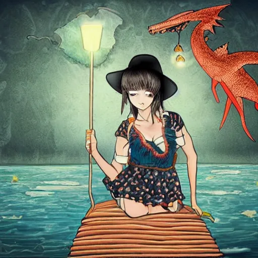 Prompt: manga art girl in straw hat with dragon tatoo with lights traveling around swamp in boat