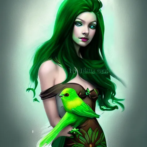 Prompt: a beautiful stunning fantasy whimsical matte digital portrait illustration of a pretty womam with bright green eyes and red hair with her green pet bird, in the style of Ross Tran, trending on artstation, contest winner
