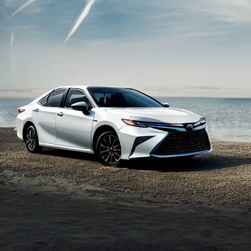 Prompt: a 2020 toyota camry parked at the beach