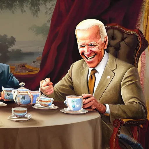 Image similar to a painting of joe biden laugh in tea party with taliban, ultra detailed face, body and gesture, justify content center, hyper realistic content, frontal hyperdetailed realistic content, sharp focus, intricate, dynamic composition, 2 colors, baroque, delete duplicate content