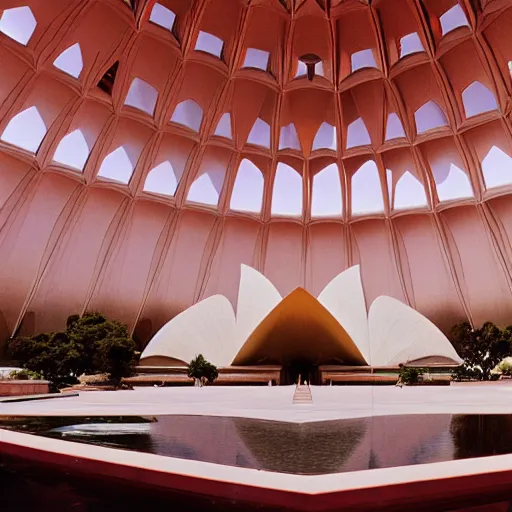 Image similar to interior of a futuristic lotus temple with gold, red and white marble panels, in the desert, by buckminster fuller and syd mead, intricate contemporary architecture, photo journalism, photography, cinematic, national geographic photoshoot