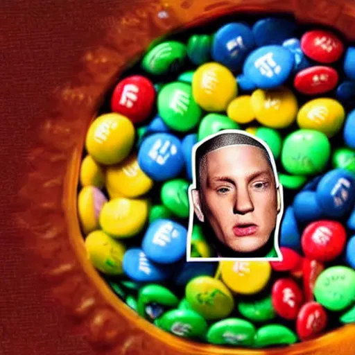 Image similar to eminem's face in a bowl of m & ms, high detail