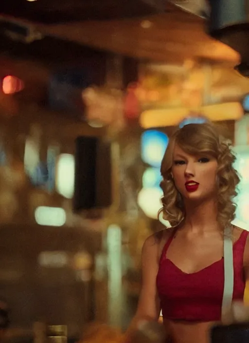 Image similar to a candid, color cinema film still of a taylor swift as a waitress at hooters, cinematic lighting at night.