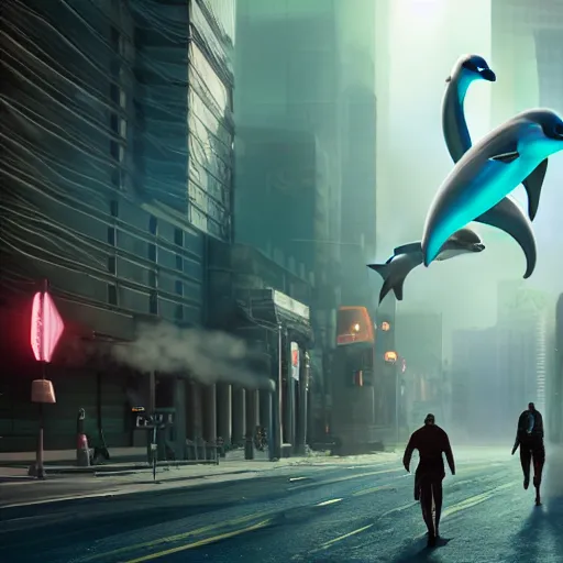 Image similar to apocalyptic, dolphin aliens walking on the future streets. smoke. volumetric lighting, sharp focus, ultra detailed, cgsociety - w 1 0 2 4 - n 8 - i