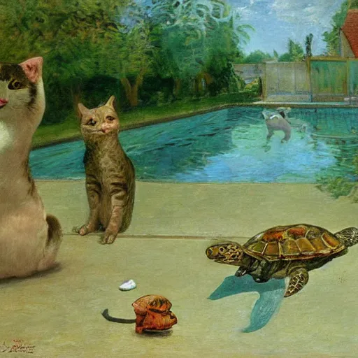Image similar to painting of a cat playing with a turtle in a swimming pool, impressionism