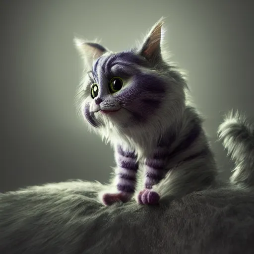 Image similar to full body pose, hyperrealistic photograph of the cheshire cat as a kitten, dim volumetric lighting, 8 k, octane beautifully detailed render, extremely hyper detailed, intricate, epic composition, cinematic lighting, masterpiece, trending on artstation, very very detailed, stunning, hdr, smooth, sharp focus, high resolution, award, winning photo, dslr, 5 0 mm