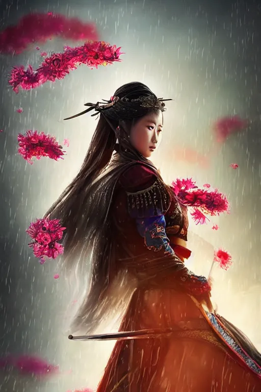 Image similar to beautiful cinematic fantasy portrait of wuxia heroine, in forbidden City Rainning, flowers sea everywhere, beautiful glowing galaxy eyes, hybrid from Dynasty Warriror and art direction by tian zi and WLOP and Darius Zawadzki cinematic quality character render; low angle; fantasy, intricate, very very beautiful, elegant, highly detailed, digital painting, production quality cinema model;