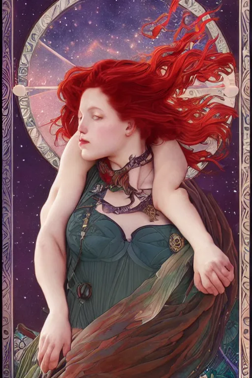 Prompt: a full body tarot card of the red haired thicc empress of eternity, space, universe, portrait, highly detailed, deep focus, elegant, digital painting, smooth, sharp focus, illustration, ultra realistic, 8 k, art by artgerm and alphonse mucha