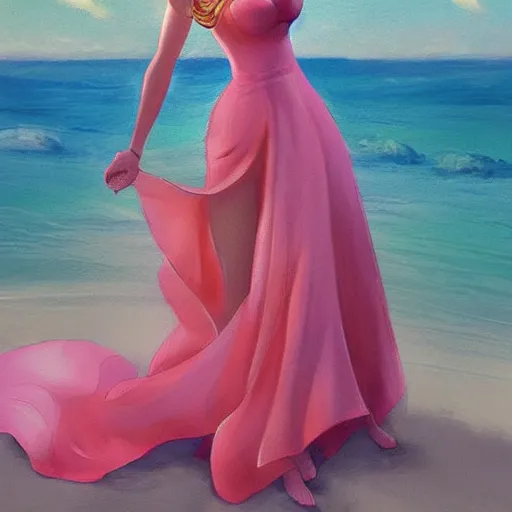 Image similar to beautiful princess peach in a skintight pink satin prom dress on the beach drawn by charlie bowater