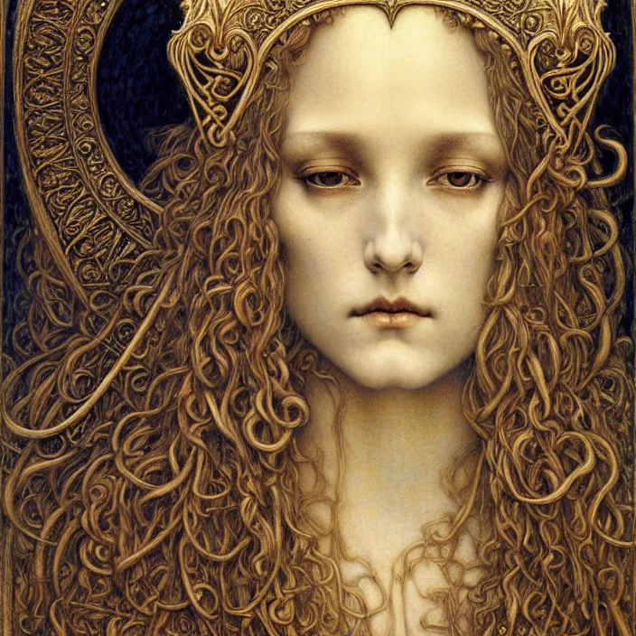 Image similar to detailed realistic beautiful young medieval queen face portrait by jean delville, gustave dore and marco mazzoni, art nouveau, symbolist, visionary, gothic, pre - raphaelite. horizontal symmetry