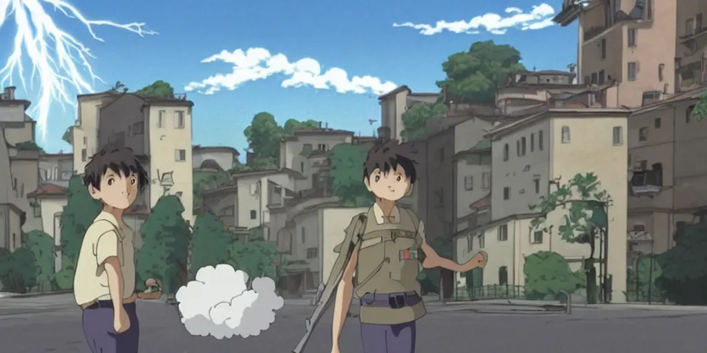 Image similar to wholesome animation studio Ghibli of a young soldier walking near some nazists and tanks in the city of Genova. Sharp bloom dramatic lightning