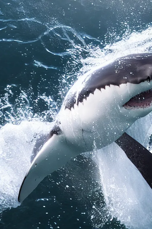 Image similar to huge white shark attacking a boat, scary cinematic scene, photorealistic. octane render