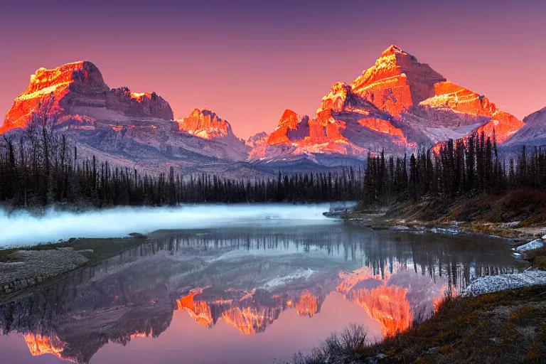 Prompt: an epic landscape painting of the three sisters mountains in canada, with snow on its peak, at sunrise in springtime, with bow river in the foreground, painted by x, atmospheric, volumetric lighting, rolling fog, breathtaking, highly detailed