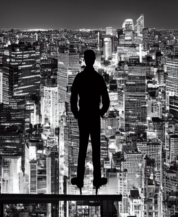 Image similar to human standing on top of the building, watching the city at night, skyline shining on the background, noir comics style, sharp focus, less detailed, 8 k, high resolution