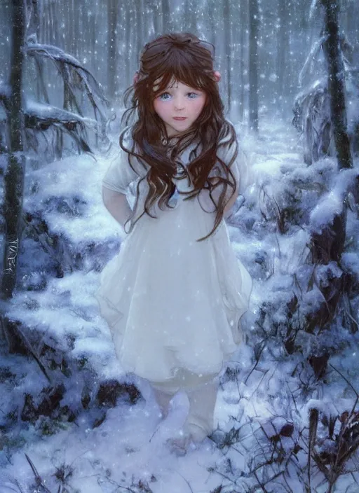 Image similar to A cute little girl with shoulder length curly brown hair and blue eyes and a hair expression. She is standing in a snowy forest trying to catch snowflakes. beautiful fantasy art by By Artgerm and Greg Rutkowski and Alphonse Mucha, trending on artstation.