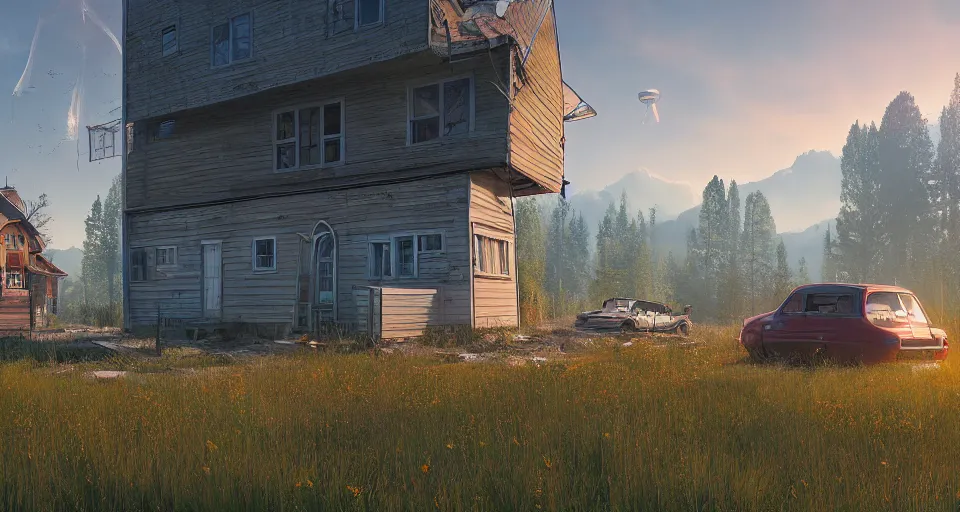 Prompt: obsolescence of home , realistic rendering, sunny day, unreal engine, 4k, hdr, high dynamic range, f12, simon stalenhag