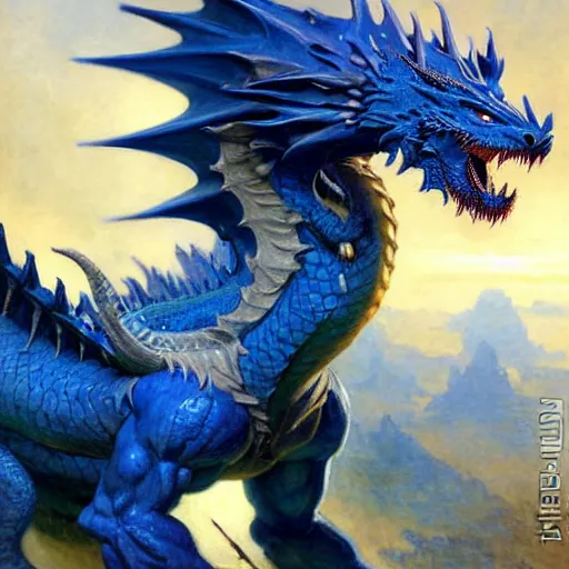 Image similar to a portrait of an anthromorphic blue dragon. highly detailed painting by gaston bussiere, craig mullins, j. c. leyendecker, furry
