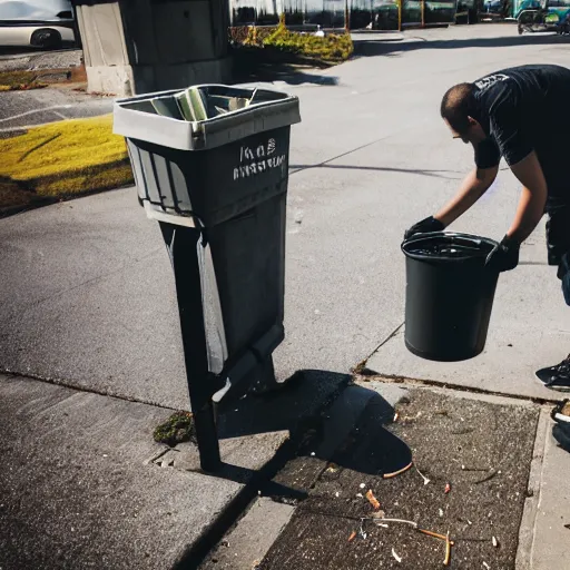 Prompt: A photo of a guy dumping forks out of a box into a garbage can. Taken with a Canon EOS 5D.