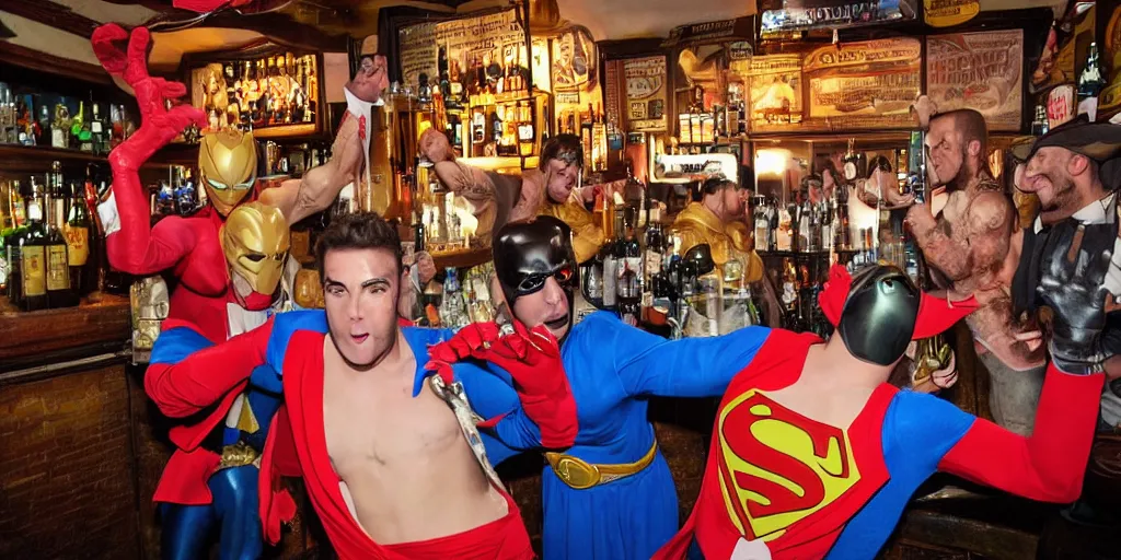 Image similar to !dream a bar fight inside a pub between costumed super heros