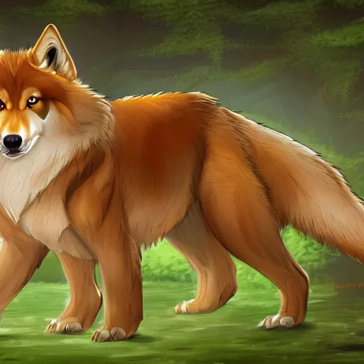 Prompt: professional stylized digital art of a full - body profile of a cream tibetan wolf, tan and light brown accents, fluffy, falling leaves, hd, 8 k, highly detailed, high quality, cute