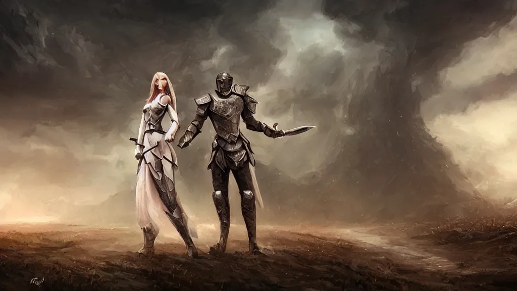 Prompt: a single hero standing on a battlefield on a rainy day, the hero is wearing armor and a sword, the hero is facing a girl in a white dress. by Ciryl Rolando, hyperrealistic illustration, digital art, studio lightning