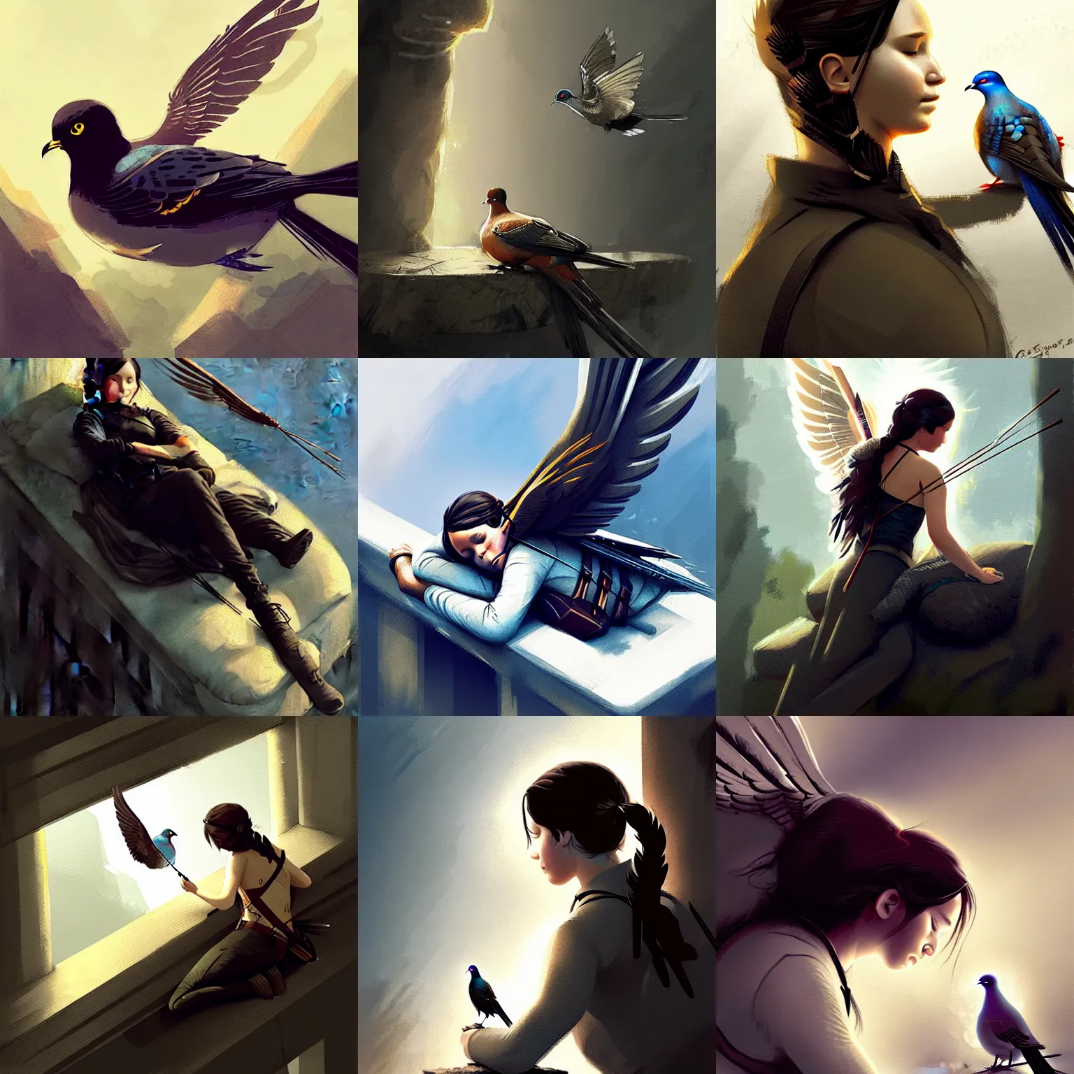 Prompt: katniss everdeen sleeping on top of a pigeon, digital art by greg rutkowski