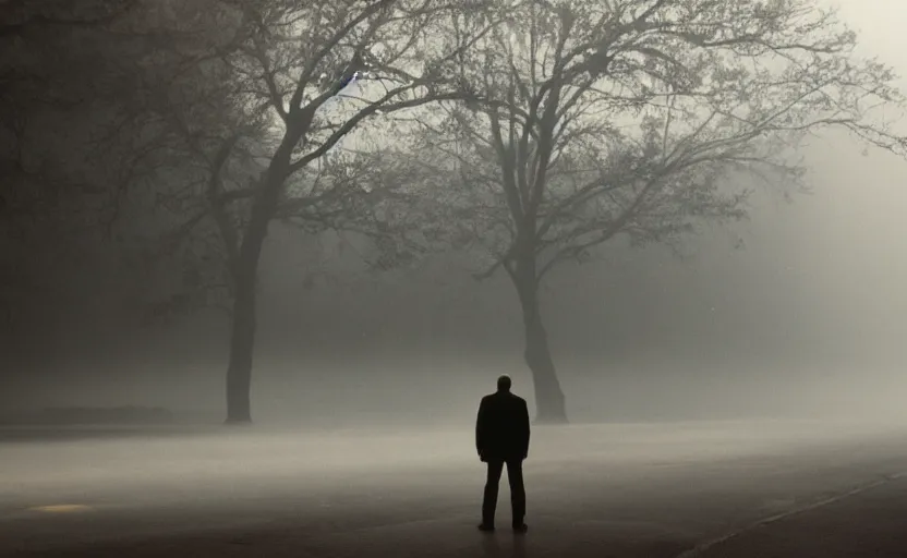 Image similar to cinematic shot of a lonely man with broken heart, moody scene from being john malcovich directed by charlie kaufman ( 2 0 0 1 ), foggy volumetric light morning, anamorphic lenses, kodak color film stock