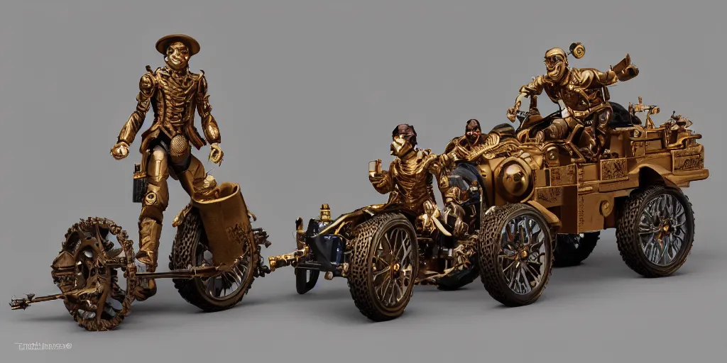Prompt: several 3d printed action figures of steampunk vehicles, Darek Zabrocki, Karlkka, Jayison Devadas, Phuoc Quan, trending on Artstation, 8K, ultra wide angle, pincushion lens effect