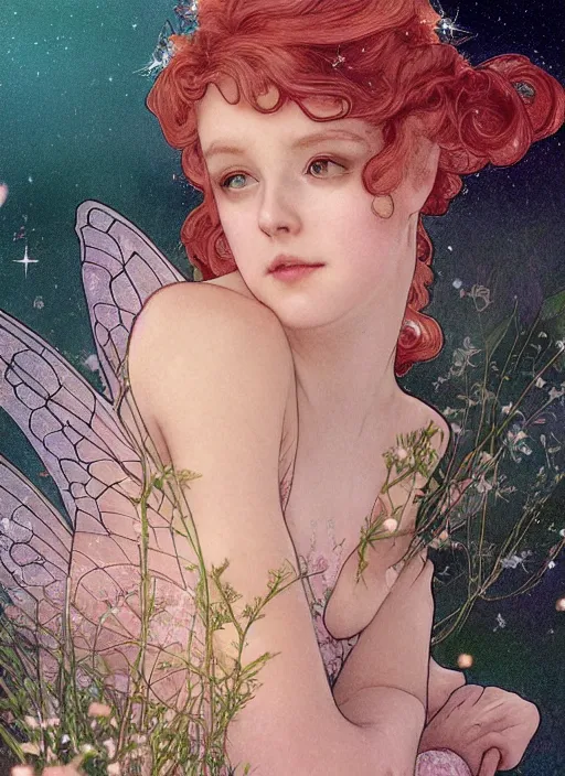 Image similar to portrait of a red - headed early thirties fairy, pixie, fae, imp, sprite in double bun hairstyle and sparkly, gleam baby pink coral outfit, elegant, intricate, highly detailed, smooth, sharp focus, ethereal, misty, fireflies in the backdrop. octane render, pastel color scheme, by hayao miyazaki and alphonse mucha.