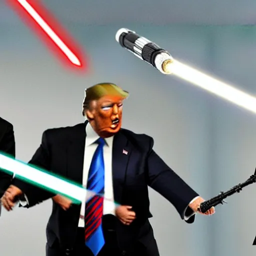 Image similar to photo of putin, trump, obama and bush having a lightsaber fight, figurine