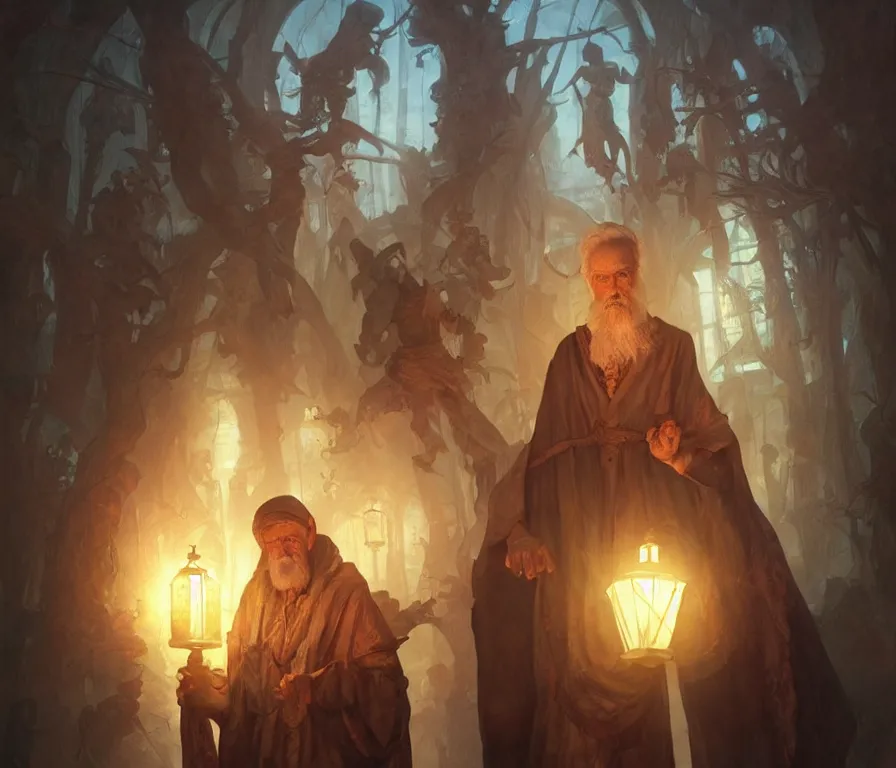 Image similar to male senior cleric holding a lantern surrounded by zombies, highly detailed, digital painting, artstation, concept art, smooth, sharp focus, illustration, art by artgerm and greg rutkowski and alphonse mucha and andrei riabovitchev