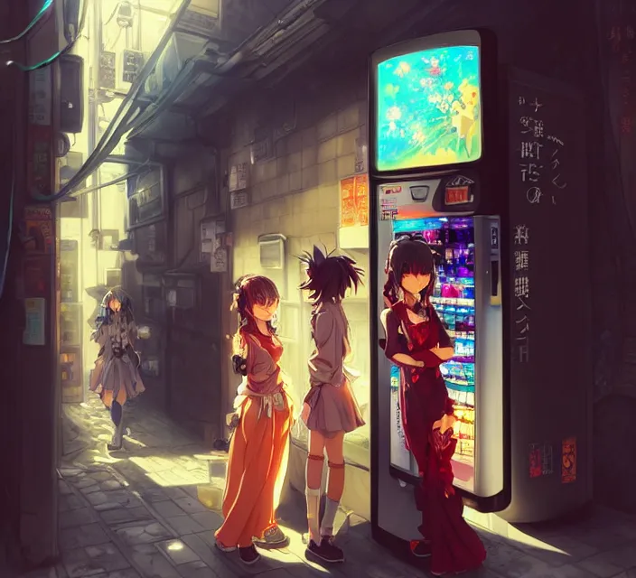 Image similar to Two beautiful anime women, standing in front of a vending machine outside of a Japanese convenience store, in a narrow Tokyo alleyway, gorgeous sunlight and shadows, D&D, fantasy, highly detailed, digital painting, artstation, concept art, sharp focus, illustration, in style of GUWEIZ and WLOP and NIXEU and Craig Mullins