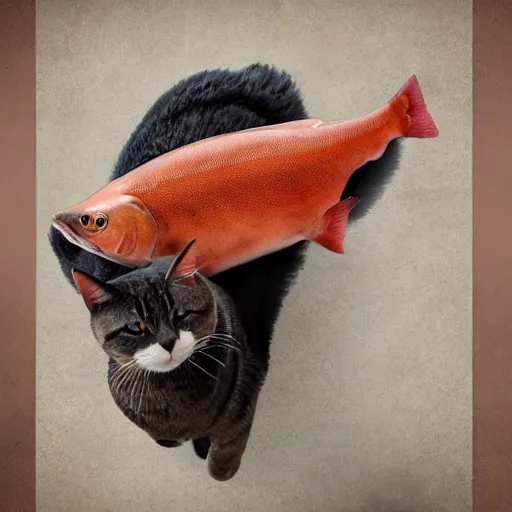 Image similar to a photograph of a salmon on top of a cat with a saddle