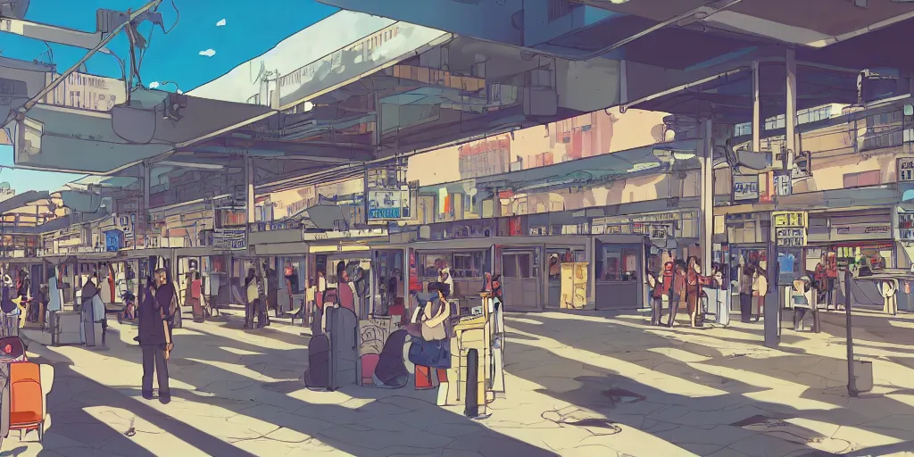 Image similar to an israeli bus station in tel aviv, noon, sunlights, wide shot, digital art, ghibli style, makoto shinkai, flat colors