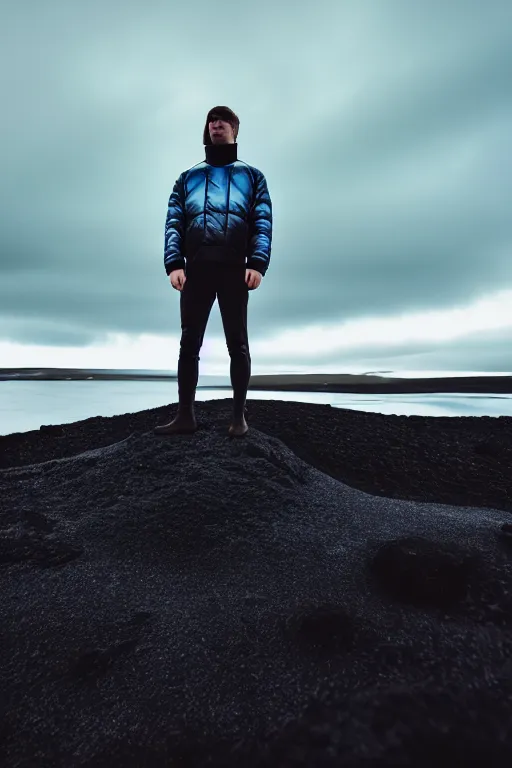 Image similar to high quality pastel coloured film wide angle selfie photograph of an male cyber model standing in an icelandic black rock environment. three point light. photographic. art directed. pastel colours. volumetric light. stark. waves glitch. 8 k. filmic.