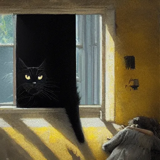 Image similar to a giant black cat with yellow eyes looking at a sleeping blonde girl througha window, Greg Rutkowski, detailed