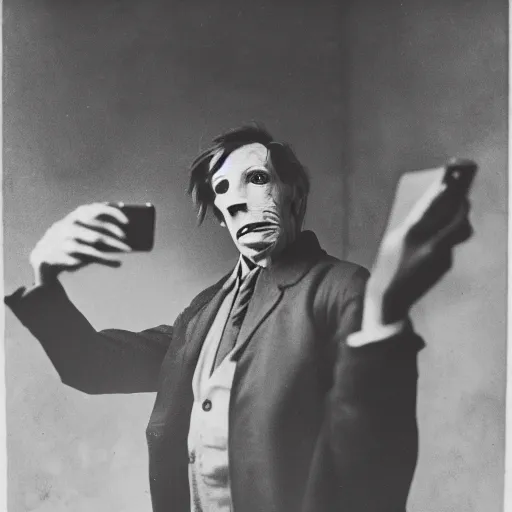 Image similar to the elephant man using an iphone to take a selfie