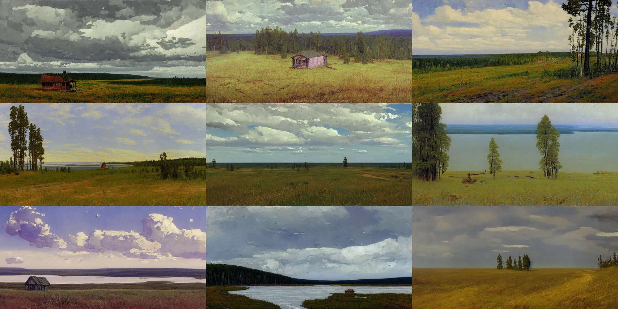 Prompt: painting in the style of Isaac Levitan, Savrasov, arkhip kuindzhi and ivan shishkin, T Allen Lawson and Ian Fisher and sidney richard percy, hunt, wide river and tiny house on the top of the hill, summer siberian forest taiga, coast, strong wind, road to the sea, low clouds after rain, wet grass, dream heavenly cloudy sky, horzon, hurricane stromy clouds, roads among fields, Alpes, small village, forests and mountains at sunset sunrise, volumetric lighting, very beautiful scenery, pastel colors, ultra view angle view