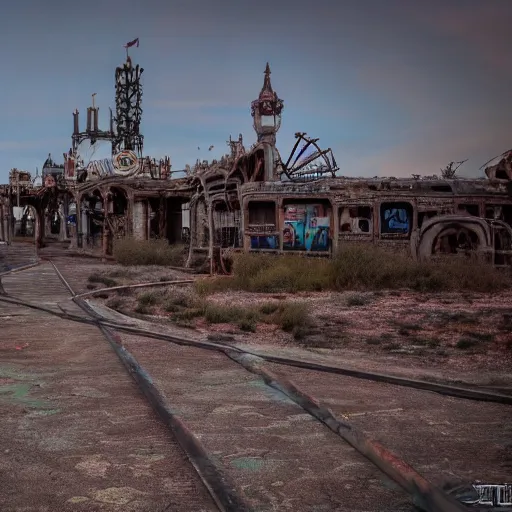 Image similar to post - apocalyptic magic kingdom, wasteland, barren, monorail, abandoned, walt disney world, highly detailed, intricate, 8 k