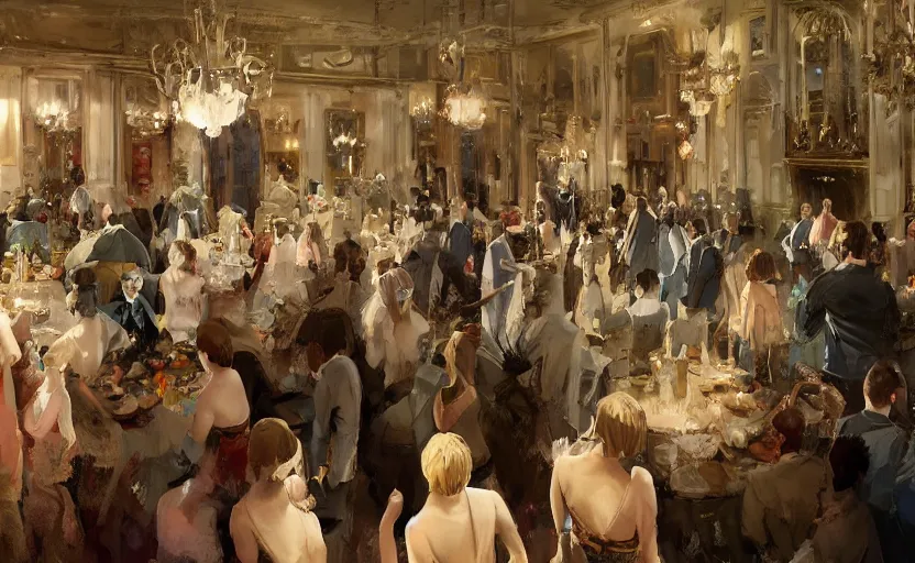 Prompt: craig mullins and ghibli digital painting of a 1 9 2 0 s grand party in a beautiful mansion, many partygoers, strong contrast, unreal engine, hyper realism, realistic shading, cinematic composition, realistic render, octane render, detailed textures, photorealistic, ultrawide shot, 3 5 mm film