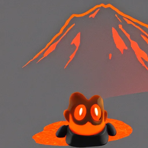 Prompt: a baby lava creature, dark grey stone, orange glowing lava, volcano in the background, very detailed