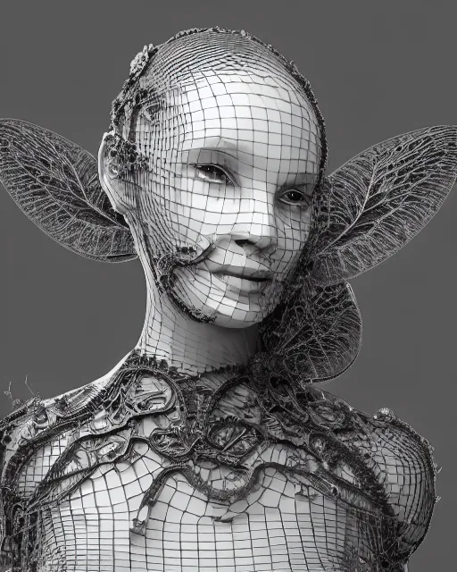 Image similar to mythical dreamy black and white organic bio - mechanical spinal ribbed profile face portrait detail of translucent steampunk beautiful female angelic - human - queen - vegetal - cyborg, highly detailed, intricate crystal ivy jelly ornate, poetic, translucent roses ornate, 3 d render, digital art, octane render, 8 k artistic photography, photo - realistic, by dora maar