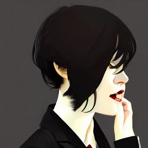 Image similar to slim girl in tuxedo with short black hair, elegant, 2d, ultra highly detailed, digital painting, smooth, sharp focus, artstation, portrait art by Ilya Kuvshinov