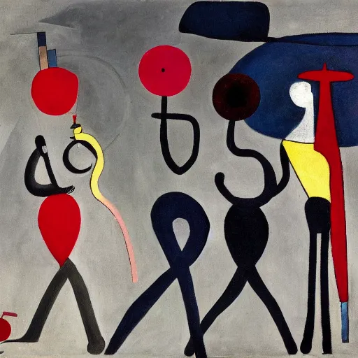 Prompt: an acryllic painting of a group of strange people, on a pale background, muted palette mostly white, black, gray, dark red, dark blue, figure riding penny farthing, woman in long dresses with parasol, astronaut, objects and shapes are scattered around the composition, minimalistic, mixed media, in the styles of both joan miro and mark rothko