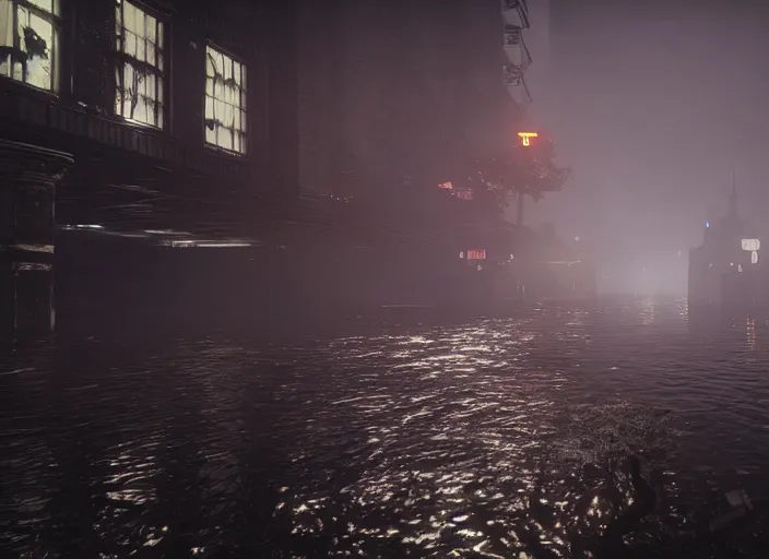 Image similar to dark, misty, foggy, flooded new york city street swamp in Destiny 2, liminal creepy, dark, dystopian, abandoned highly detailed 4k 60fps in-game destiny 2 screenshot gameplay showcase