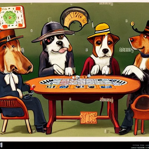 Prompt: Dogs playing poker wearing hats, vintage