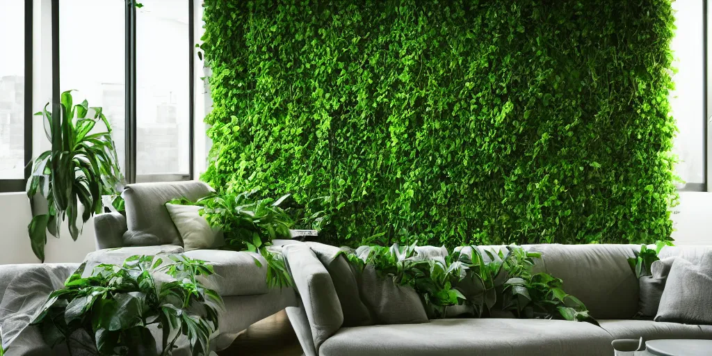 Prompt: a wall full of flowing plants, green backlight leaves, modern studio