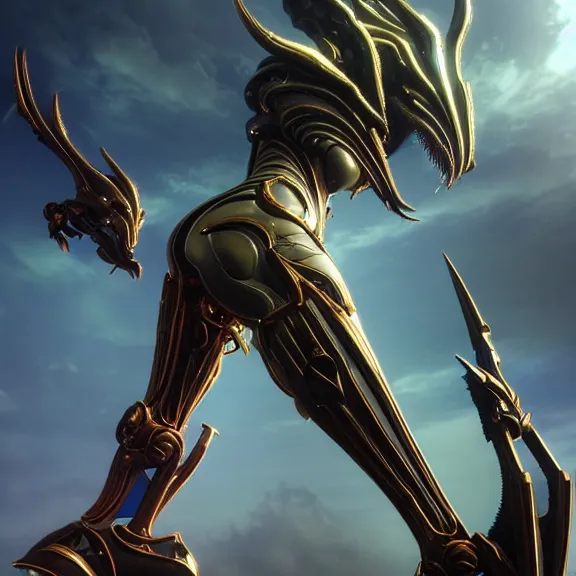 Prompt: highly detailed giantess shot, worms eye view, looking up at a giant goddess saryn prime female warframe, as a stunning beautiful anthropomorphic robot female dragon, with dragon horns and LED eyes on the head, posing elegantly over you, detailed thick warframe moa legs towering over you, sleek streamlined white armor, camera looking up, sharp robot dragon claws, proportionally accurate, two arms, two legs, giantess shot, ground view shot, cinematic low shot, massive scale, warframe fanart, destiny fanart, high quality, captura, 3D realistic, professional digital art, high end digital art, furry art, dragon art, macro art, warframe art, destiny art, giantess art, anthro art, DeviantArt, artstation, Furaffinity, 8k HD octane render, epic lighting, depth of field