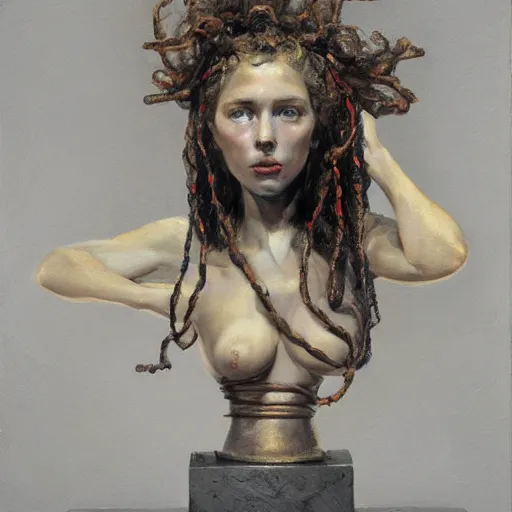 Prompt: bust sculpture of a girl trying to break free, made of translucent stretchy web, painted by sargent and peter mohrbacher, loose oil painting