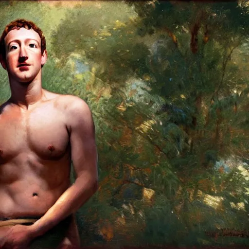 Prompt: Mark Zuckerberg with an shredded, toned, inverted triangle body type, by Gaston Bussiere, by Craig Mullins, XF IQ4, 150MP, 50mm, F1.4, ISO 200, 1/160s, natural light